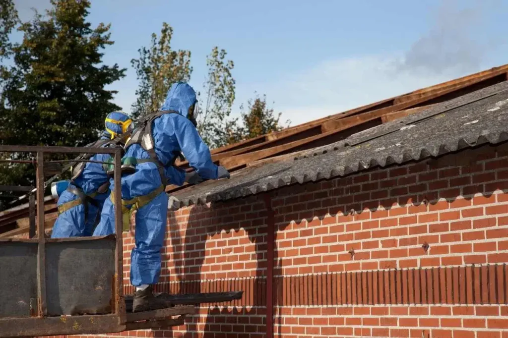 2 asbestos removalists are removing the asbestos from to roof of a house.