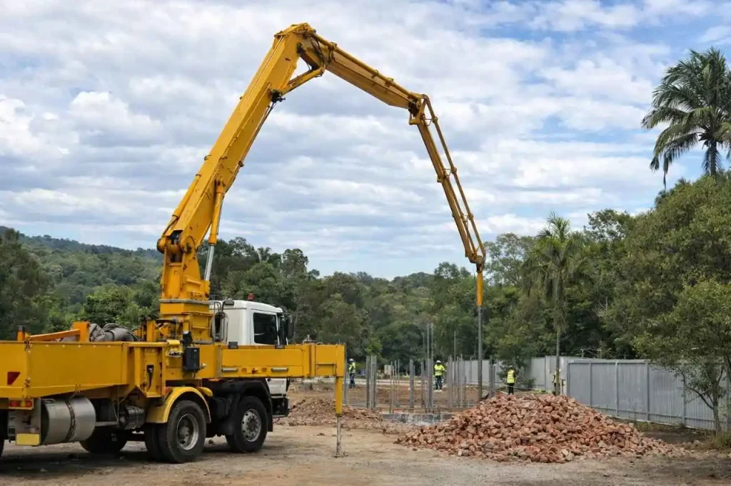 Hydraulic excavator truck with extended boom working on Sydney's demolition site with brick debris and construction workers nearby.