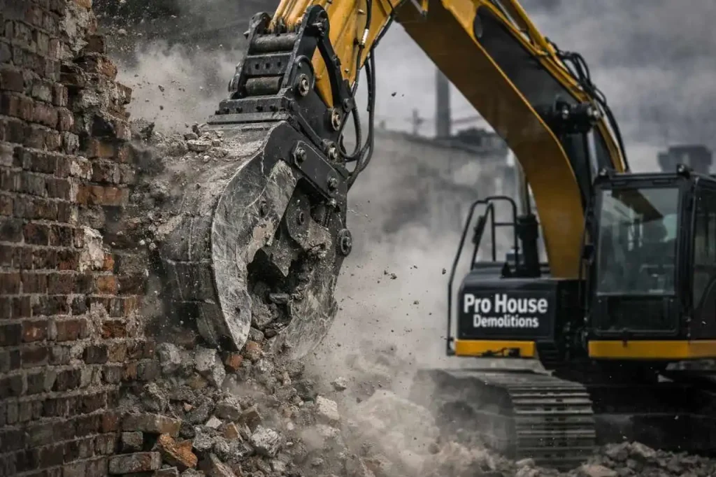Excavator crushing the concrete of an industrial site in Sydney